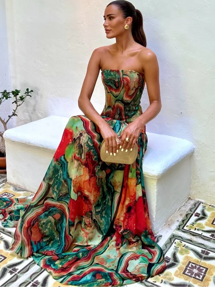 Women's Strapless Pleated Maxi Dress