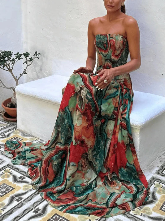 Women's Strapless Pleated Maxi Dress