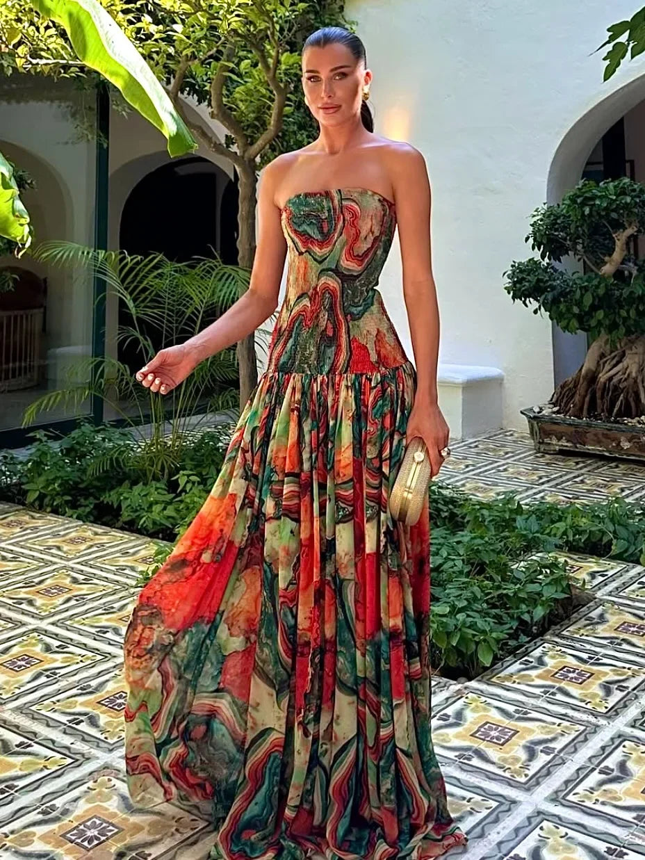 Women's Strapless Pleated Maxi Dress