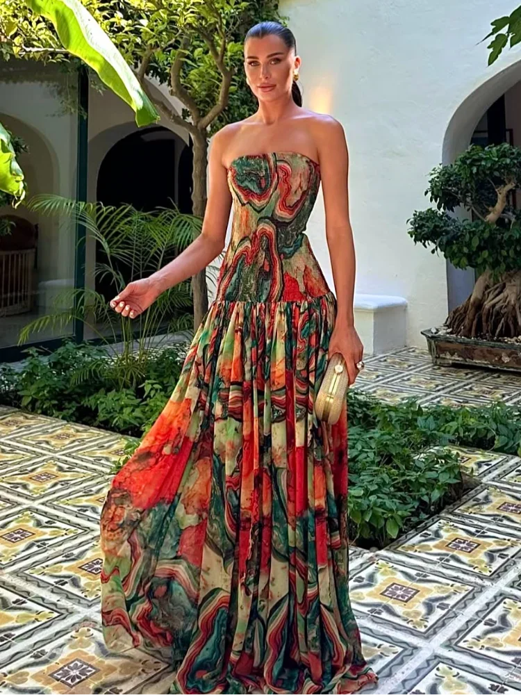 Women's Strapless Pleated Maxi Dress