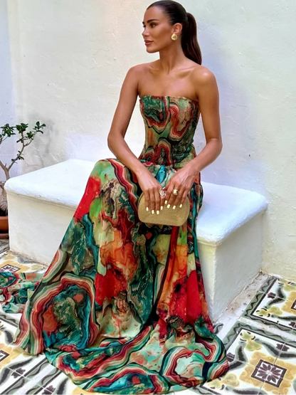 Women's Strapless Pleated Maxi Dress