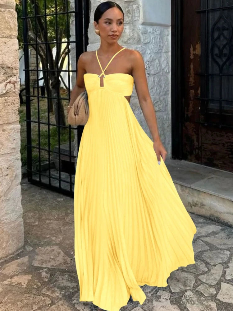 Women's Pleated Backless Maxi Dress