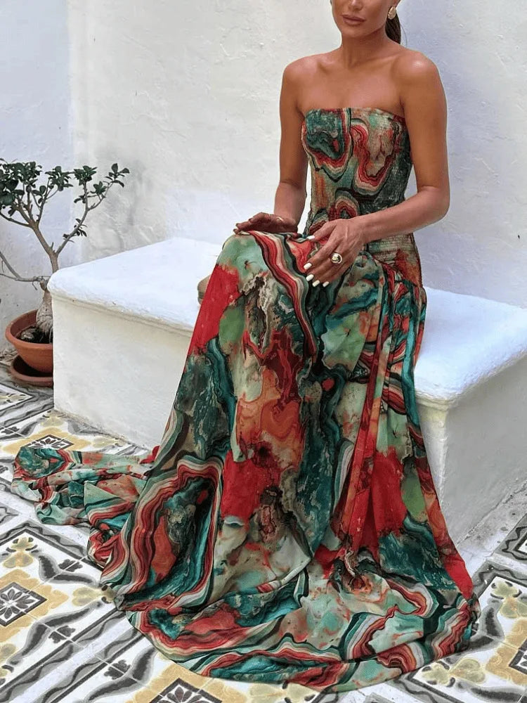Women's Strapless Pleated Maxi Dress