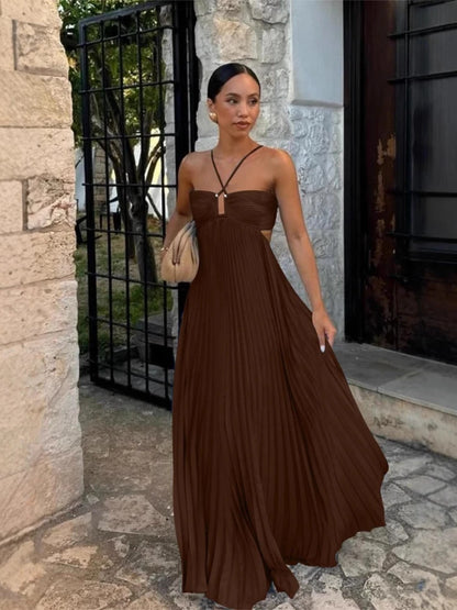 Women's Pleated Backless Maxi Dress